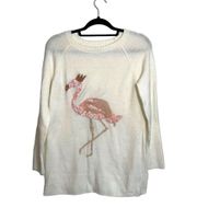 Ivory White Sequin Flamingo Plush Tunic Sweater