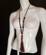 Chico's Red & Gold Beaded Tassel Necklace