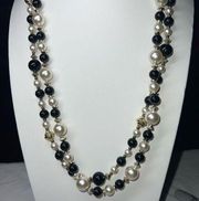 Vintage Double Strand Black Bead and Faux Pearl Necklace