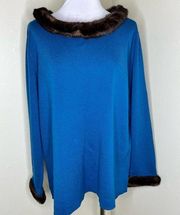 NWT Dialogue Wool Blend Sweater 2X Blue Faux Fur Knit Boat Neck Pullover Acrylic