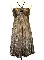 Donna Ricco Halter A-Line Pleat Dress Size 6 Bronze Flower Bustier Bubble Hem