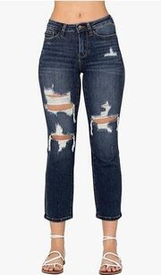 Judy Blue Women's Mid-Rise Ripped Cropped Straight Leg Jeans