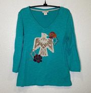 Ariat Lightweight Embroidered 3/4 Sleeve Diablo Tee EUC Sz M Teal Cotton Stretch