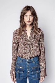 Zadig & Voltaire Tuska Satin Ruffled Button Down Blouse in Purple Tan