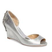 BADGLEY MISCHKA Women's Silver Meagan II Embellished Peep Toe Evening Wedges NEW