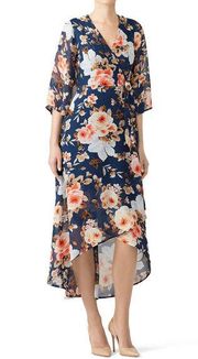 Slate & Willow Navy Floral Chiffon Midi Wrap Dress 3/4 Sleeve V-Neck Size XS