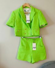 ZARA Textured Blazer Short Set Suit Set Crop High Waist Neon Green Gold Buttons