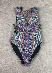 No Boundaries One Piece Swimsuit Juniors Medium 7-9‎ Multicolor Plunge Printed