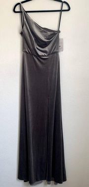 NWT After Six One Shoulder Velvet Maxi Dress Gown in Caviar Gray