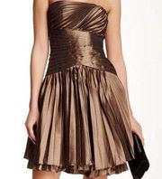 Halston Heritage Bronze Strapless Pleated Cocktail Party Holiday Dress 6