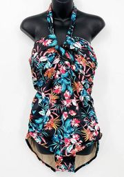 Merona Halter Tropical Floral One Piece Bathing Suit Swim Black Blue XL