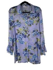 Susan Graver Lavender Blue Floral Printed Crinkle Chiffon Button Front Shirt Sz