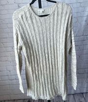 J. Jill Ivory & Grey Striped Long Sleeve Button Up Back Fringe Hem Sweater Large