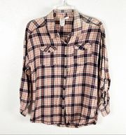 BILLABONG 100% Cotton Plaid Double Chest Pocket Long Tab Sleeves Button Top