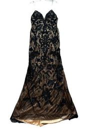 Terani Women's 6 Black and Tan Floral Triangle Top Long Prom Trumpet Dress