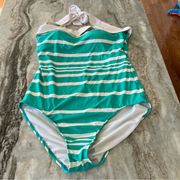 Lauren Ralph Lauren Teal and White Striped Nautical One Piece Swim Suit Size 12