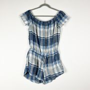 Bella Dahl Lightweight Woven Blue White Gray Buffalo Plaid Check Mini Romper M