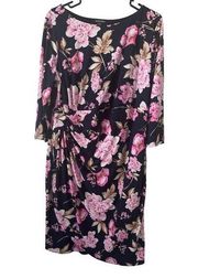 Roz & Ali Dress Size 1X Navy Blue Pink Floral Pleated Polyester Spandex