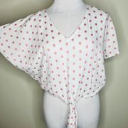 Sim & Sam Tie Front Top LARGE White & Pink Batwing Dolman V-Neck Polka Dot