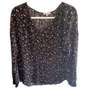 Juicy Couture Black V-Neck Blouse Long Sleeve Floral Print Lightweight Size XL