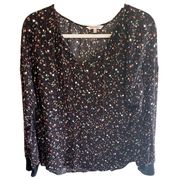 Juicy Couture  Black V-Neck Blouse Long Sleeve Floral Print Lightweight Size XL