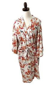 Garnet Hill Womens Robe Size M White Floral Organic Cotton Belted Pockets