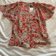 Mango Floral Print Button Front Short Sleeve Blouse size small