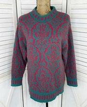 Laura Ashley Vintage Damask Print Wool Tunic Sweater Green Red 80s 90s