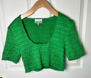 Ganni Bright Green Crinkled Satin Cropped Smocked Blouse