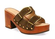 Veronica Beard Halifax Suede Leather Buckle Clogs Size 9.5 Olive Green