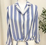 Japna Womens Blue White Striped Button Up Tie Shirt