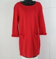 Tabitha Webb Womens Red Shift Dress Size Medium 3/4 Ruffled Sleeves Pullover