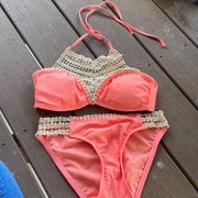 NWOT Coral Orange Crochet Bright Bikini Set