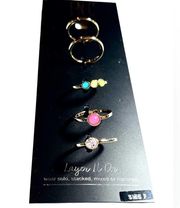 INC NEW  (5) STACK RING SET Size 7 Gold Tone Crystal Stone Pink Green Blue Yellow