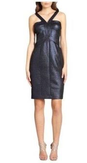 David Meister Blue + Black Metallic Cocktail Dress - Size 8