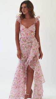 Floral Print Cami Asymmetrical Ruffled Slit Maxi Dresses-Pink