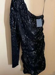 Nbd one shoulder puff black sequin mini dress small