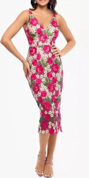 Floral Pattern Lace Midi Dress in Pink & Green