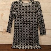 STITCH FIX LOVEAPPELLA Black & White Boho Tribal Pattern Long Sleeve Shift Dress