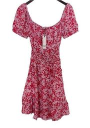 Cupcakes and Cashmere Pink and Red Floral Puff Sleeve Smocked Waist Dress S NWT