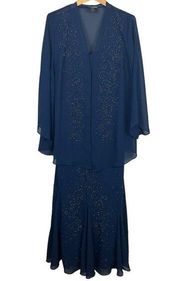 CATHERINES Dress Set Women 24W Navy Blue Masquerade Beaded Maxi Sheer Topper New