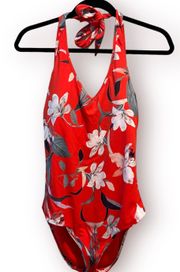 Waimea Plunge One Piece Swimsuit Floral Red Medium Tropical Beach