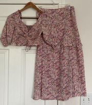 Lush NWOT floral pink skirt set with smocked top.