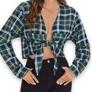 SheIn Women's Deep Plunge Tie-Front Cropped Green&Blue Plaid Flannel