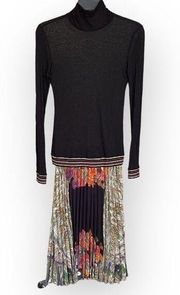 Roberto Cavalli Midi Long-sleeve Dress, Pleated, Floral Print, Black and Gold.