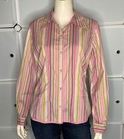 Sigrid Olsen Pink & Green Stripe Button Up Shirt Size Medium