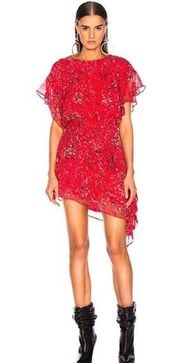 NEW IRO Red Blame Asymmetrical Floral Ruffle Dress