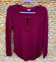 Splendid Waffle Weave Cranberry Lace Up Long Sleeve Top. Size medium. EUC!