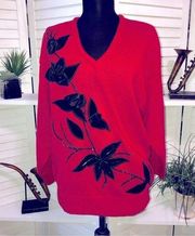 Vintage 80s red black floral embroidered dolman sleeves cotton sweater sz S
