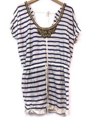 MODA INTERNATIONAL Cream Ivory Blue Stripe Linen Viscose Beaded Tunic Blouse MED